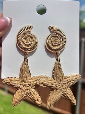 Gold Spiral & Woven Star Dangle Earrings - Beige Gold